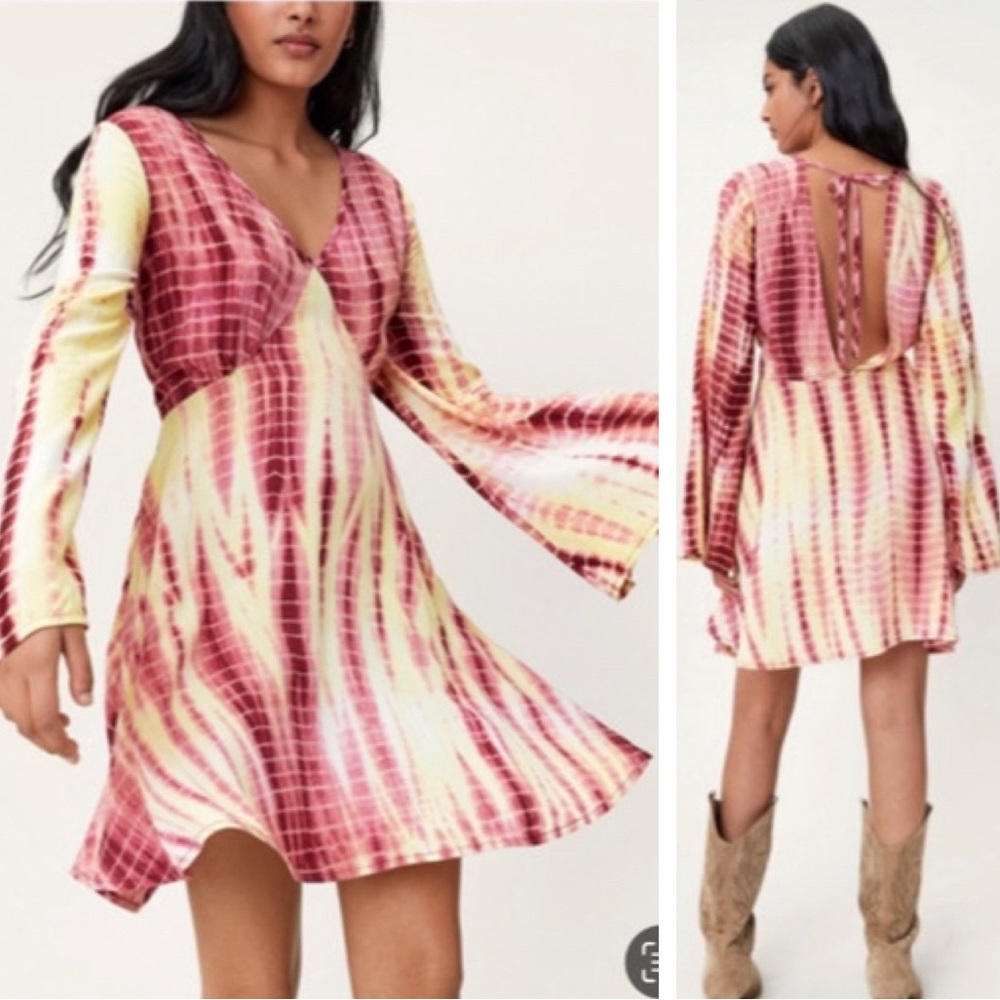 NWT Nasty Gal Tie Dye Open Tie Back Flared Sleeve Mini Dress Magenta Yellow 2
